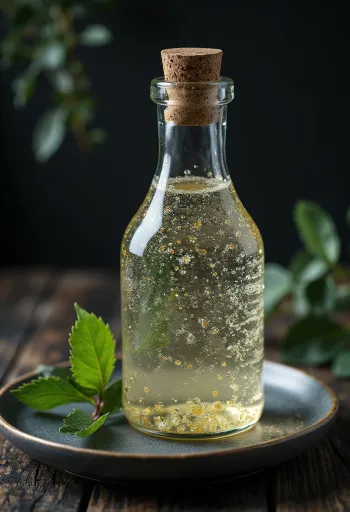 Birkesaft i glasflaske og glas, med birkebark og grene