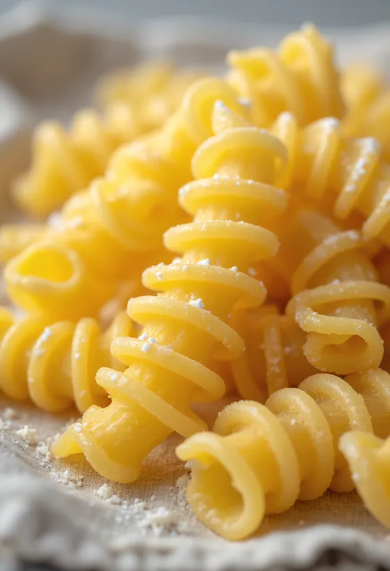 Tørret fusilli pasta spredt i spiralform på træoverflade