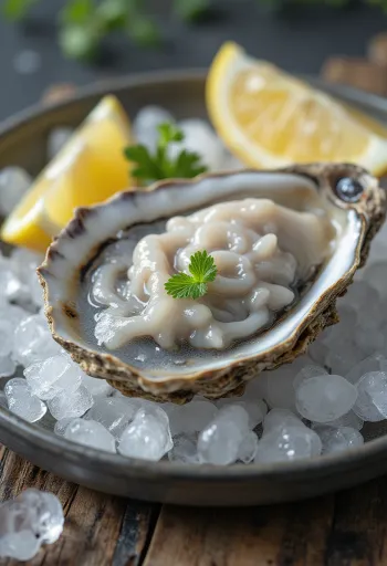 Frisk råt østerskød på is serveret med citron og urter