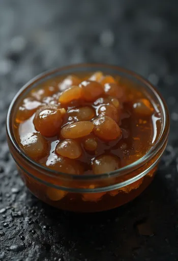 Østerssauce i keramikskål, ved siden af kogt østerskød, sojasauce og sukker i små skåle