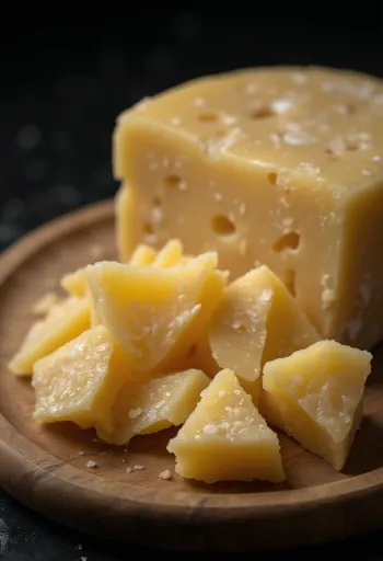 Snittet og revet parmesanost på et træskærebræt