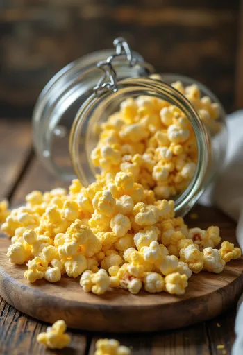 Tørre popcornmajskerner spredt ud på en køkkenoverflade af træ