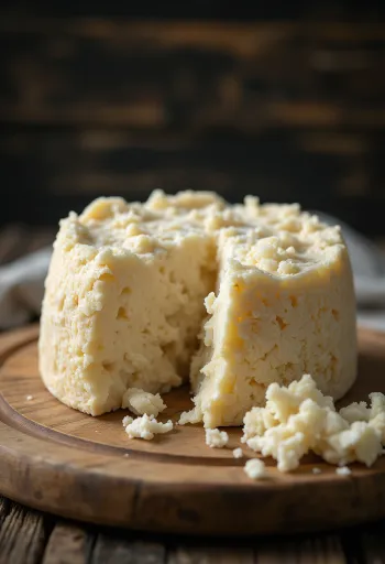 Frisk Pecorino ost i en hvid keramikskål på et træbord