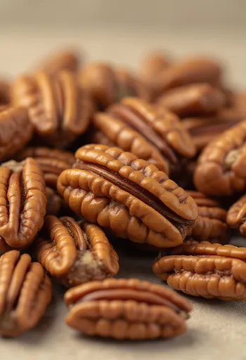 Afskallede pekannøddekerner i træskål og spredt på lys overflade