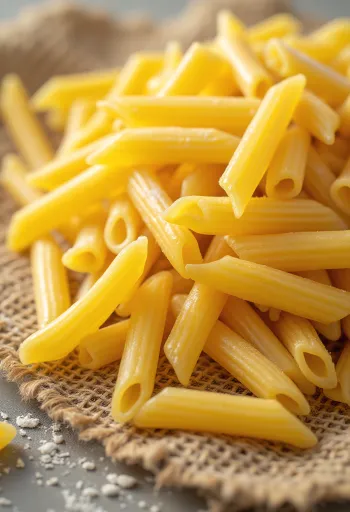 Tørret penne-pasta med riflet overflade på en baggrund af træ