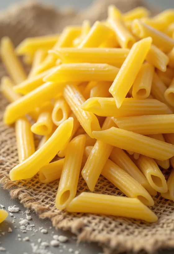 Tørret penne-pasta med riflet overflade på en baggrund af træ