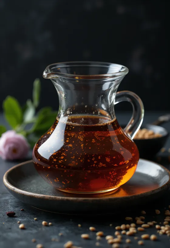 Ristet sesamolie i mørk flaske anrettet ved siden af lille skål og ristede sesamfrø