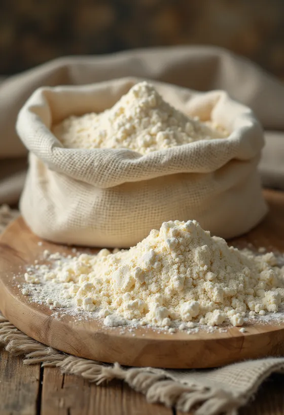 Melbananmel i skål med ske, grøn melbanan og tørrede skiver