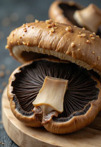 Friske portobellosvampe på skærebræt, klar til grill med olivenolie og rosmarin