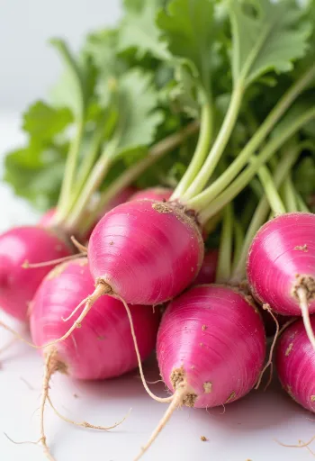 Friske røde radiser med grøn top, på skærebræt, også i skiver