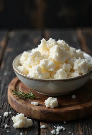 Frisk ricotta ost i en hvid keramikskål på et træbord