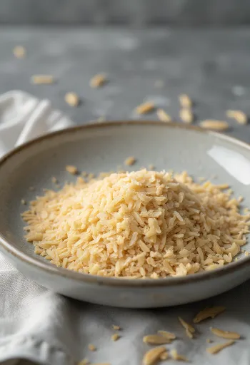Riskli i lille keramikskål og spredt på køkkenbord af træ