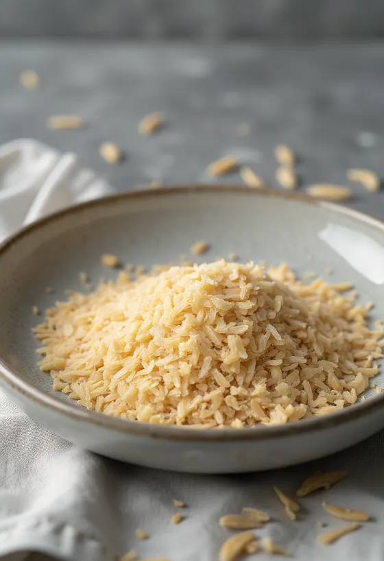 Riskli i lille keramikskål og spredt på køkkenbord af træ