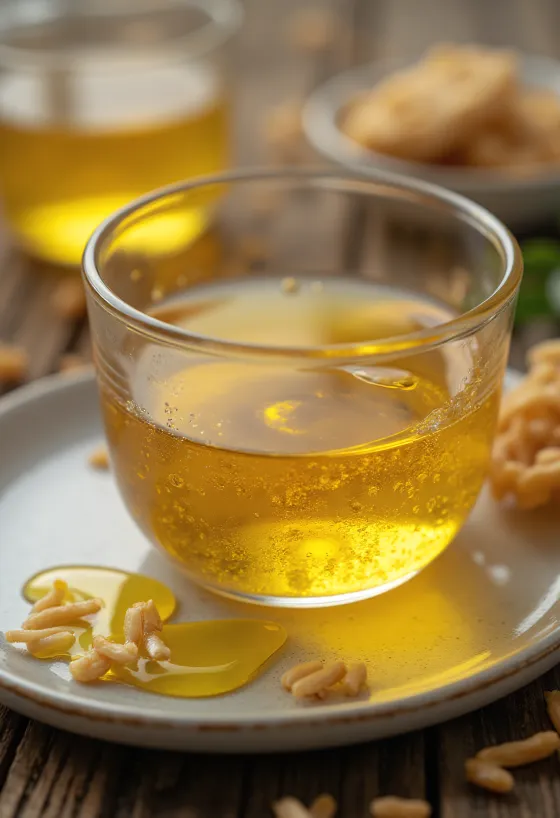 Riskliolie i flaske med riskorn og kli på naturlig baggrund