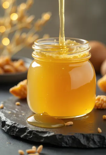 Lys gylden rissirup i glas, ved siden af en træske