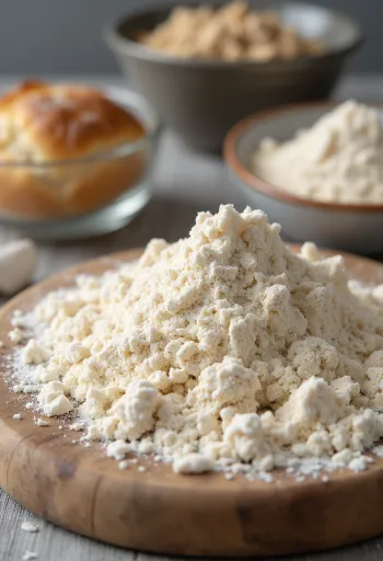 Råt rugmel i keramikskål, spredt på træoverflade