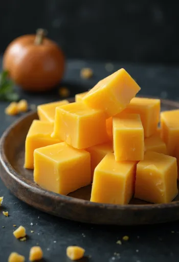 Gul Cheddar ost i hvid skål på træbord