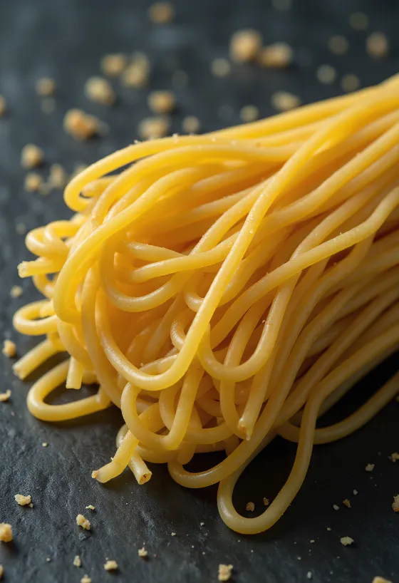 Tørret spaghetti bundtet på en rustik træoverflade