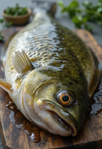 Friske aborrefileter med krydderier og citron på træskærebræt