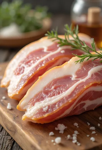 Skiver af rå bacon på træskærebræt med tydelige fedt- og kødlag