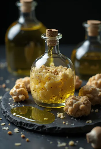 Trøffelolie i lille flaske, med trøffelskiver og serveret