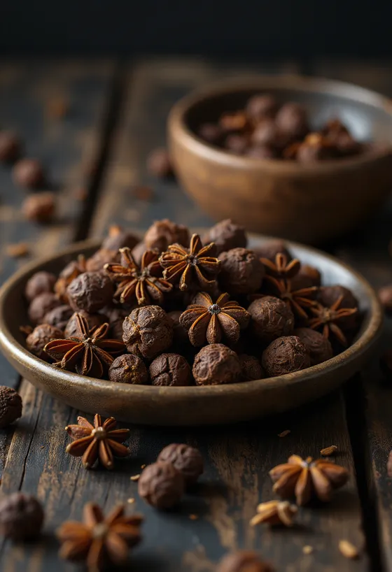 Hele alleånde-bær spredt i en træskål og på en rustik overflade