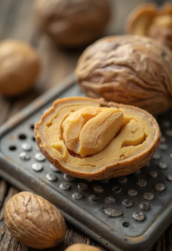 Hel og stødt muskatnød i skål på træbord