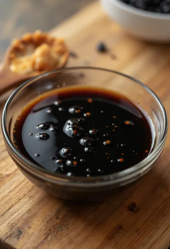 Sojasauce i keramikskål med fermenterede sojabønner, hvede og havsalt