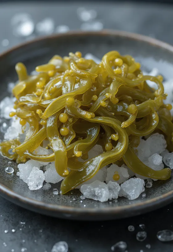 Tørret blæretang med synlige luftblærer.