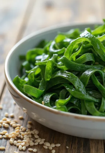 Tørret wakame tang i små stykker.