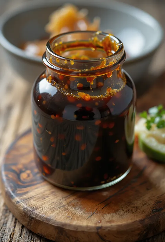 Mørk, skinnende teriyaki sauce i skål med ingredienser som soja, mirin og sake
