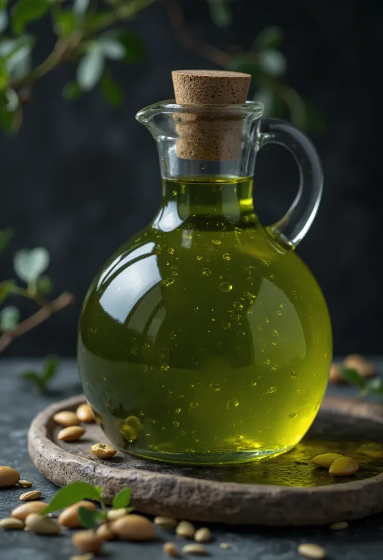 Mørkegrøn græskarkerneolie i lille skål, ved siden af uafskallede græskarkerner
