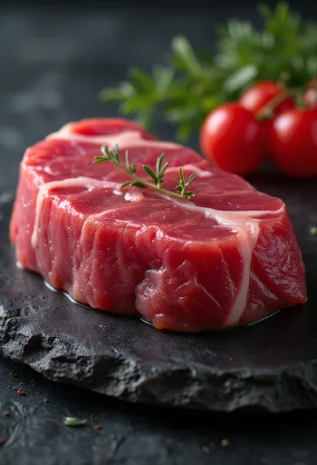 Friske tunsteaks med krydderier og citron på et skærebræt