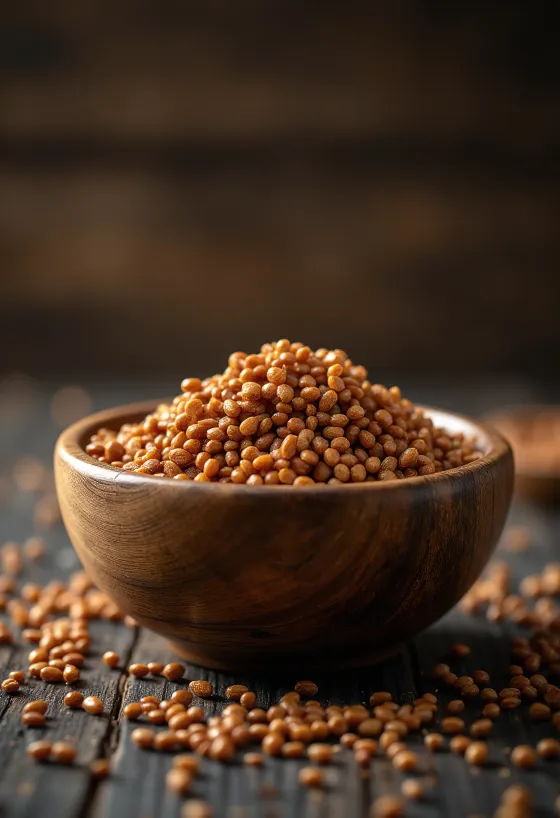 Tørrede fingerhirsefrø med en dyb rødbrun farve og fin tekstur.