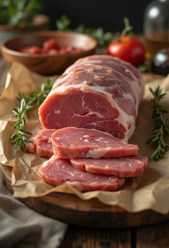 Rå vildsvineryg i skiver på træbræt med krydderurter