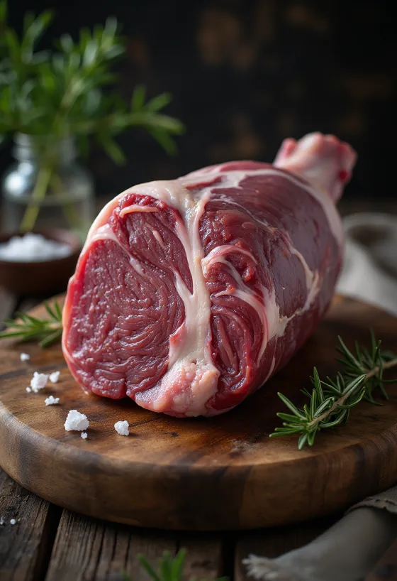 Rå vildsvinekølle med krydderier på et rustikt træbræt