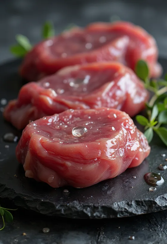 Råt vildandekød udskåret på skærebræt med krydderier