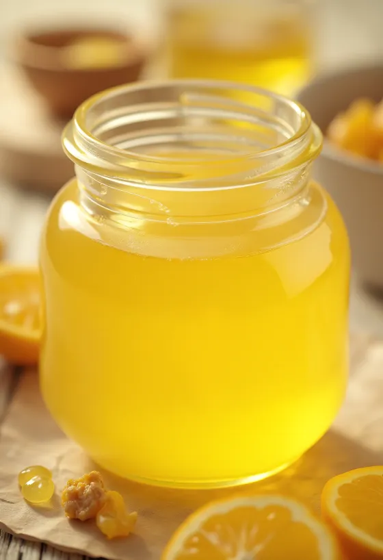 Ghee i glas og på ske, på træbræt i naturligt lys
