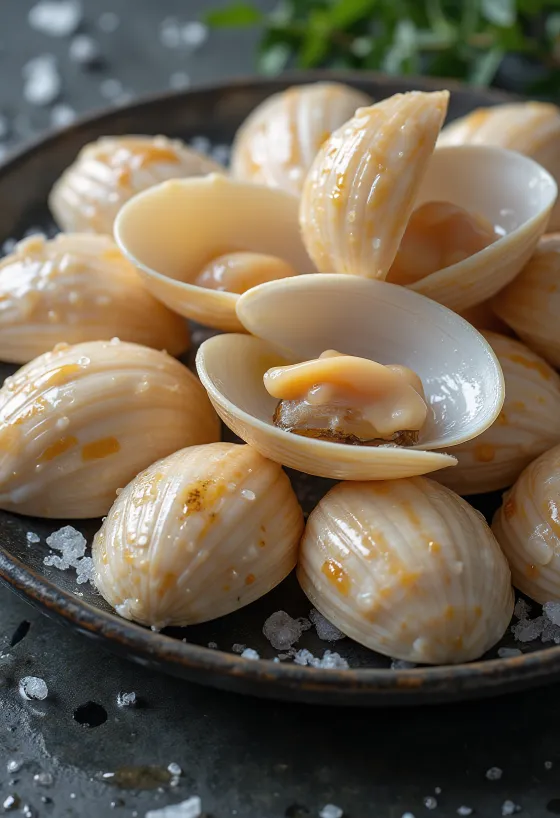 Råt venusmuslingekød på is med citron og persille