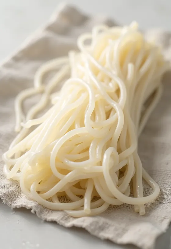 Tørret vermicelli pasta i rede på træbord
