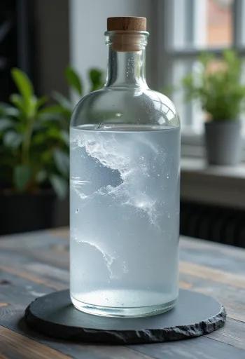 Klar vodkaflaske og glas med hvede, kartoffel og isterninger