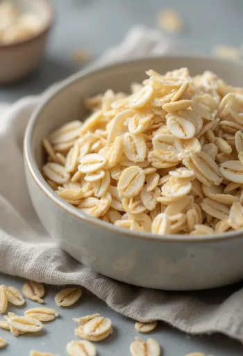 Rå havregryn i keramikskål, spredt på træoverflade