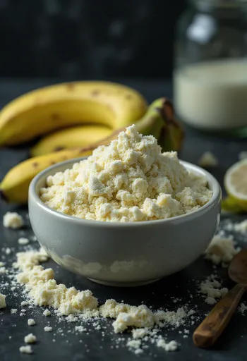 Grøn bananmel i skål og ske, omgivet af grønne bananer