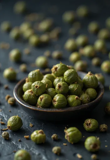 Grønne peberkorn hele i keramikskål og på køkkenbord