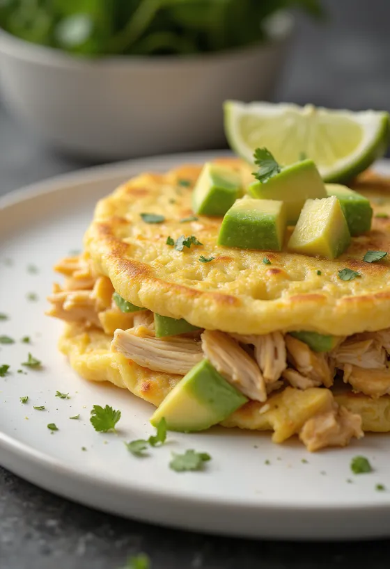 Arepa con Pollo i koreansk stil serveret