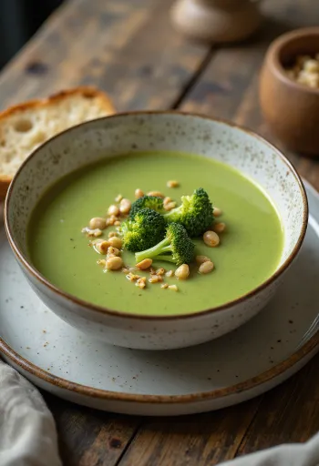 Cremet broccoli suppe serveret med sprøde brødtern.
