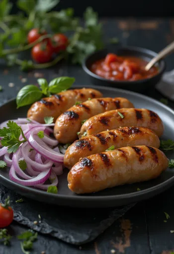 Cevapcici serveret med ajvar og brød