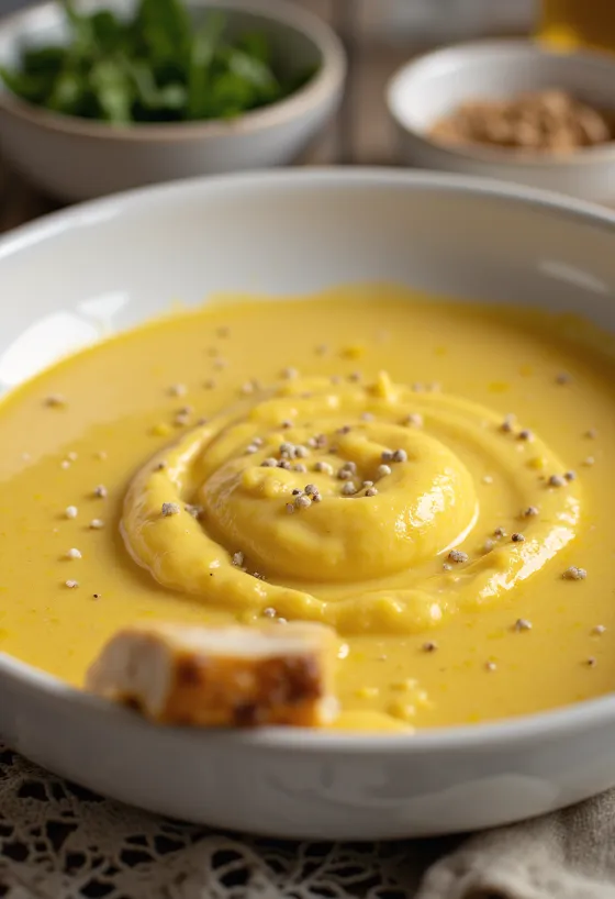 Karry-fløde-ingefærsauce serveret