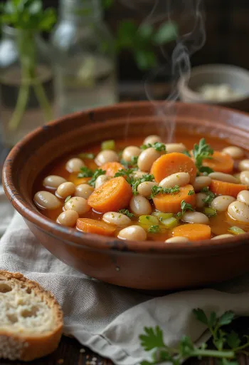 Fasolada krydret med hvidløg serveret med frisk brød