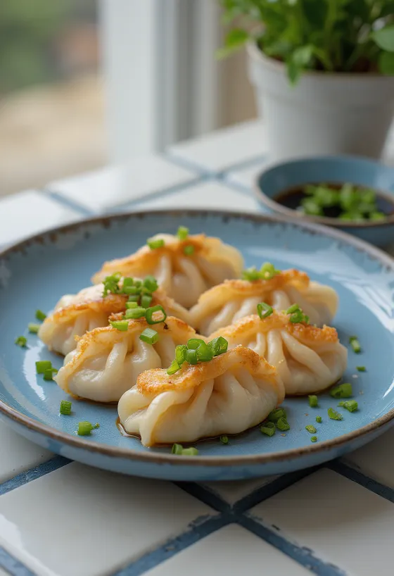 Japansk rejegyoza i dej med sprød bund, med rejefyld, serveret med sojasauce-dip